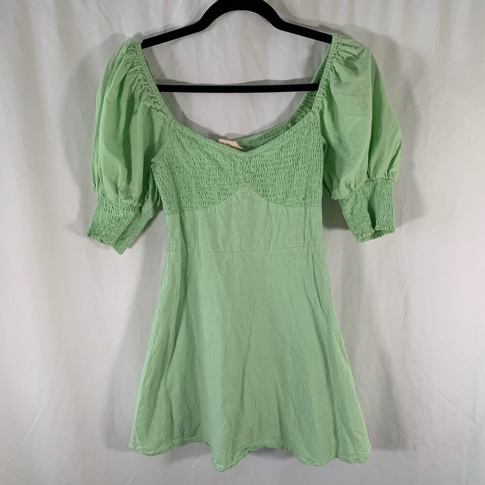 Showpo Mini Dress Women's 2 Green Puff Short Sleeve Square Neck Short Smocked